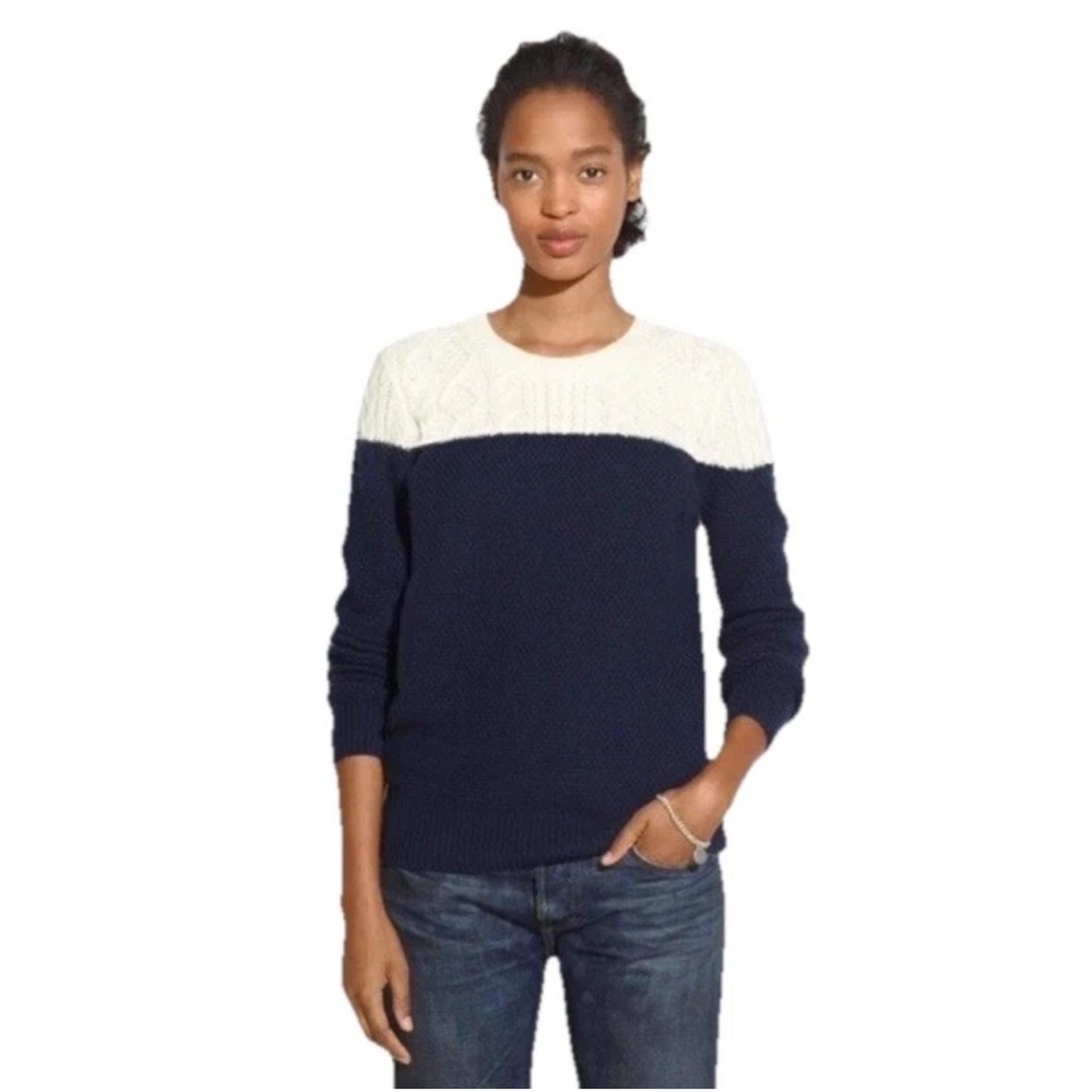 MADEWELL Women's S Colorblock Cable Knit Sweater Navy Ivory Classic Cozy Preppy